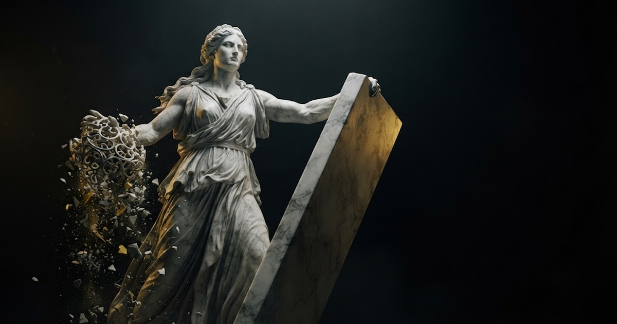 Clio letting an ornate hollow lattice of carved stone crumble from one hand while her other arm strains to lift a blank chronicle slab twice her height, in a void of pure black, satin gold light glancing off the...