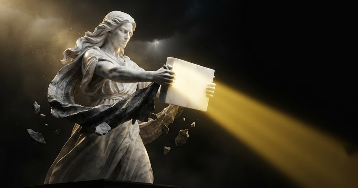 Alethea tearing the heavy stone shroud off a smooth unmarked block and holding it out at arm's length into the raking beam where it can be struck and shattered if it is false, in a void of pure black, satin gold...