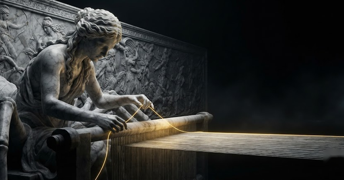 Arachne bent over a vast loom, threading one gold strand through the very first row of the warp while a finished tapestry of stone hangs behind her that no new thread can ever enter, in a void of pure black, satin...