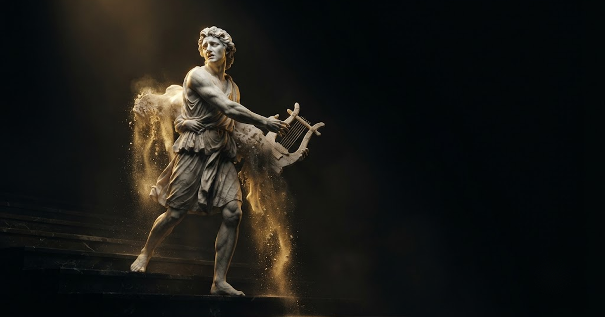 Orpheus halted mid stride on a black stair, twisting to look back over his shoulder at the figure he carries, his lyre hand slackening as the weight in his arms begins to dissolve into falling dust, in a void of pure...