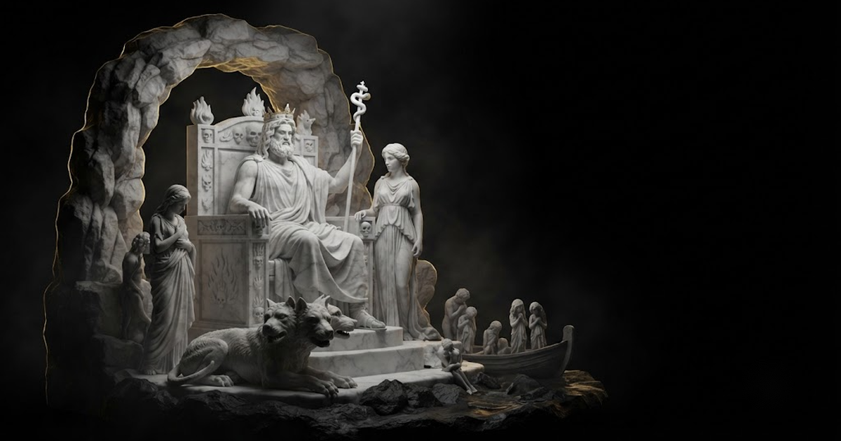 Classical marble scene, Hades, gold rim light on void black