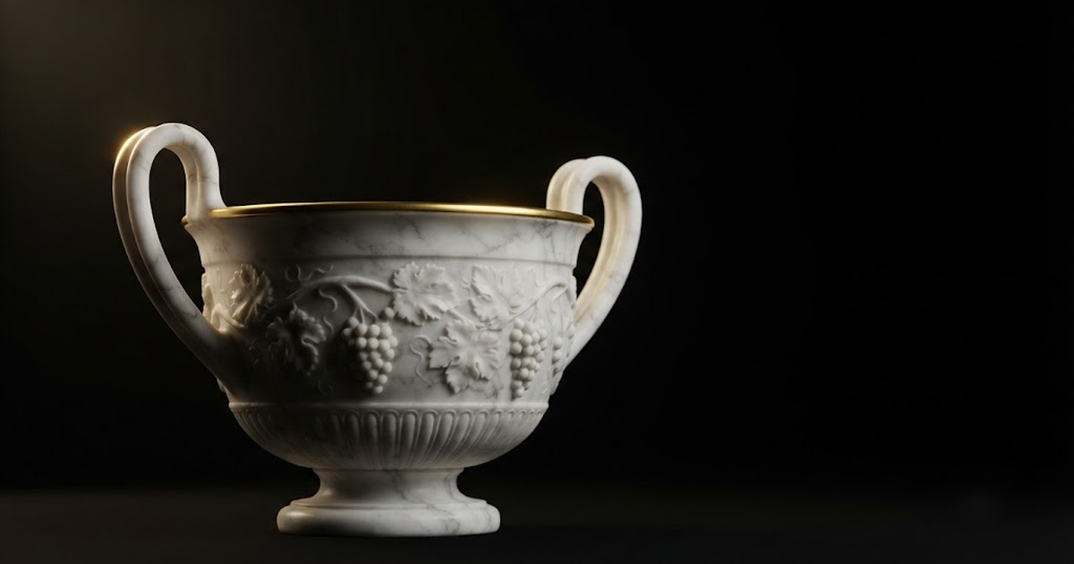 Classical marble scene, Dionysus, gold rim light on void black