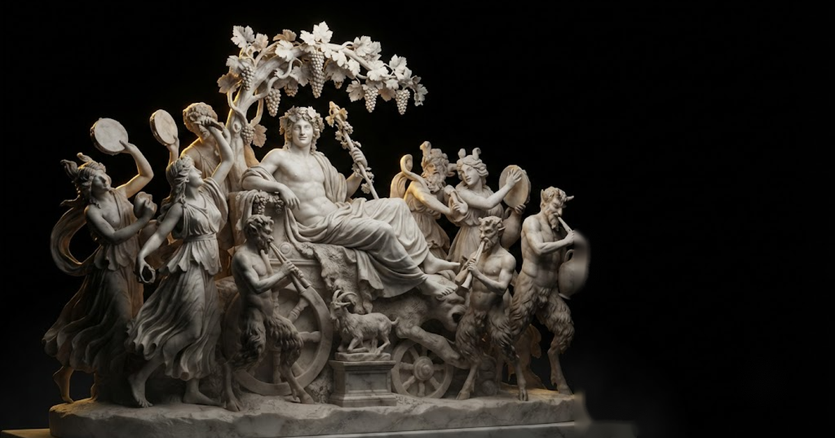 Classical marble scene, Dionysus, gold rim light on void black