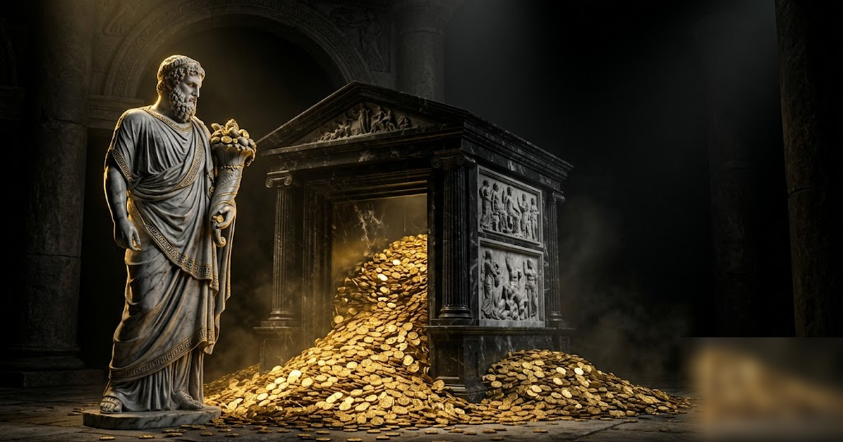 Plutus the god of wealth standing beside an overflowing vault of golden coins carved from black marble, cinematic Greek pantheon, void-black and satin-gold, dramatic lighting, frameless, no text, no c
