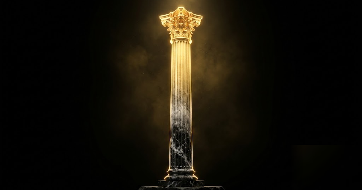 A black marble pillar that grows more golden and luminous from base to crown, set against a void-black background, representing an appreciating asset, cinematic Greek aesthetic, satin-gold, frameless,