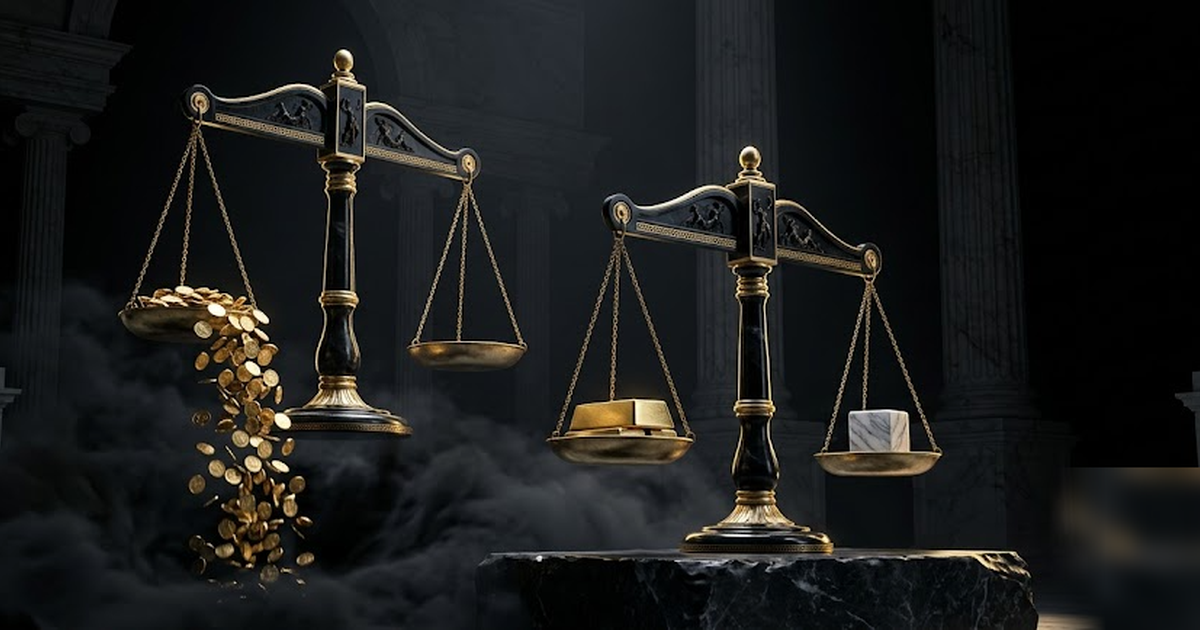 Two scales of justice in obsidian and gold, one pan endlessly draining gold coins into darkness, the other holding a single solid gold ingot at rest, cinematic Greek pantheon, void-black and satin-gol