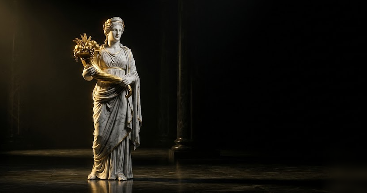 Tyche goddess of fortune holding a steady golden cornucopia inside a calm black marble hall, void-black background, satin-gold light, cinematic chiaroscuro, frameless, no text, no people, no watermark