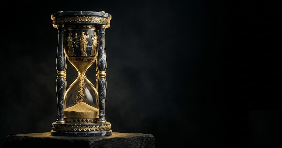 A meter or hourglass of black marble with golden sand that has stopped flowing, frozen mid-fall, void-black surroundings, cinematic Greek mood, satin-gold detail, frameless, no text, no UI, no waterma