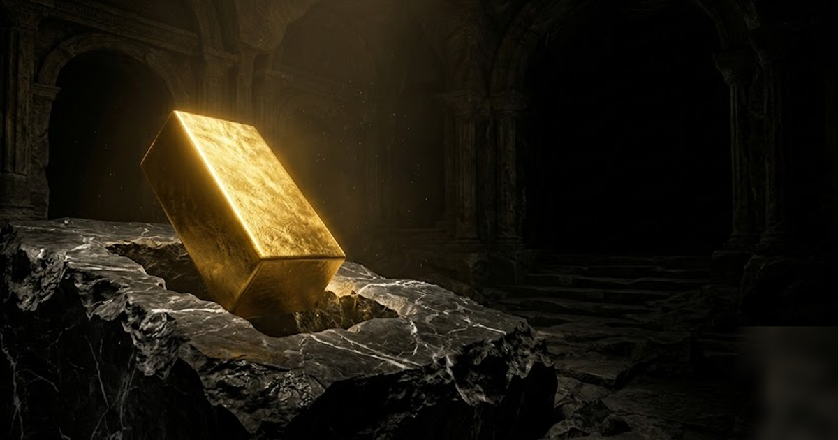 A foundation stone of solid gold being set into black marble bedrock by unseen forces, deep underground Greek crypt, void-black and satin-gold, cinematic wide shot, frameless, no text, no watermark
