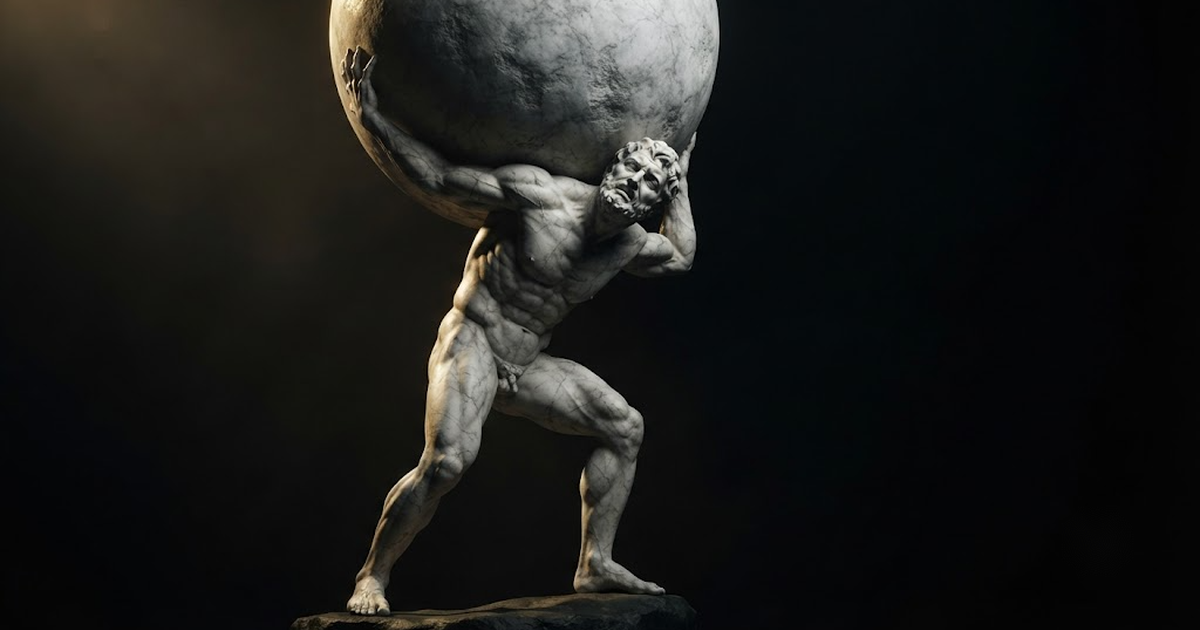 A colossal marble statue of Atlas straining to hold a heavy sphere on his shoulders lit by gold light against a black background