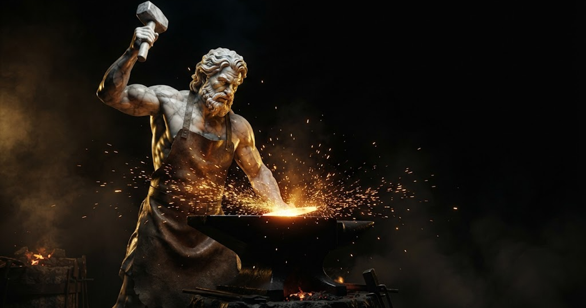 A towering marble statue of Hephaestus at a dark forge holding a hammer over an anvil illuminated by gold firelight
