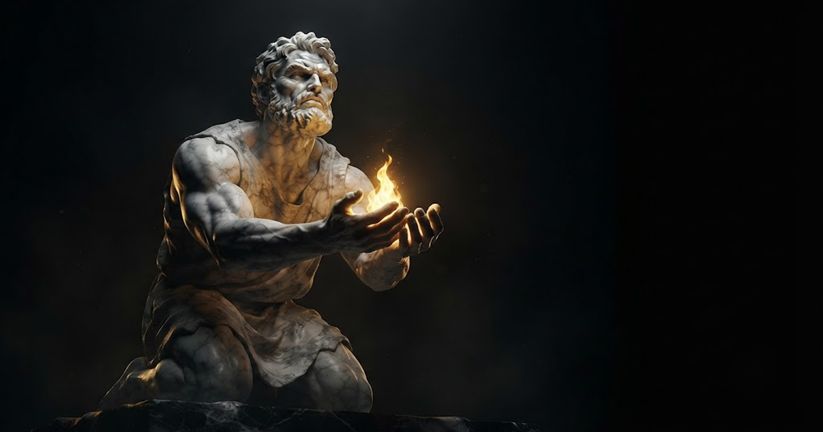 A vast marble statue of Prometheus holding a small flame in his cupped hands against a dark void lit by gold fire