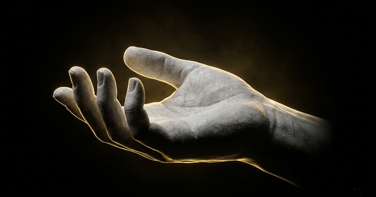 A classical marble hand held open against a void black background, edged with a thin line of gold light.