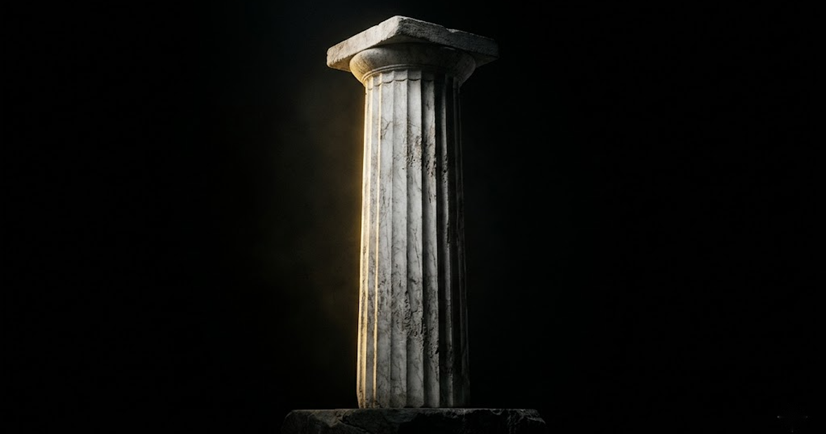 A single classical marble column lit by a thin gold edge of light against deep void black.