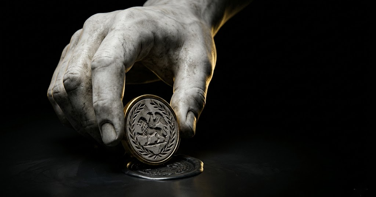 Marble hand pressing a signet seal into a surface, lit by a single gold rim light against void black.
