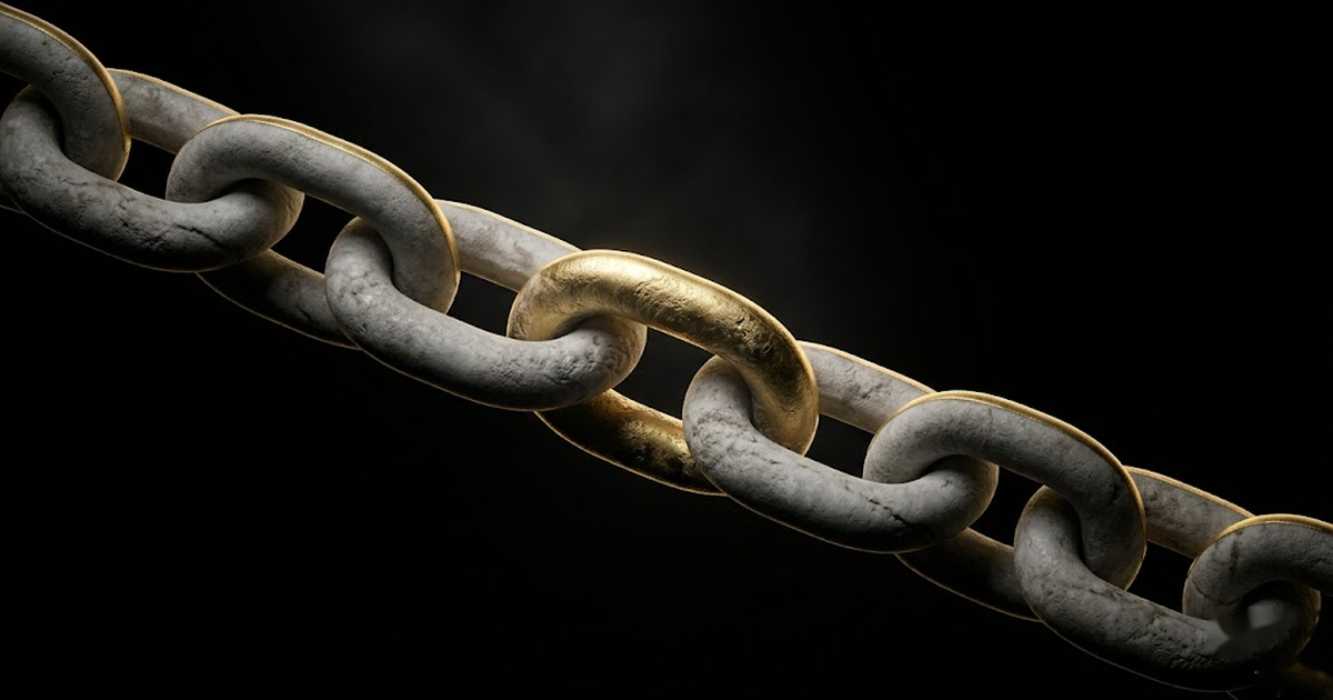 A carved marble chain of unbroken interlocking links lit by gold rim light against void black.
