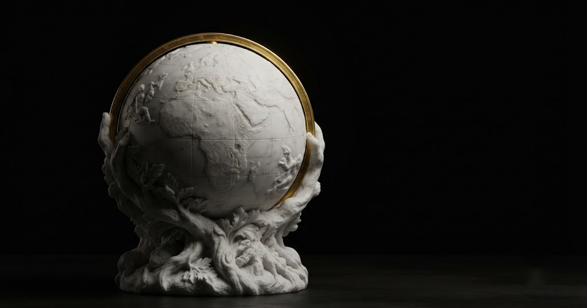 Classical marble scene, Gaia, gold rim light on void black