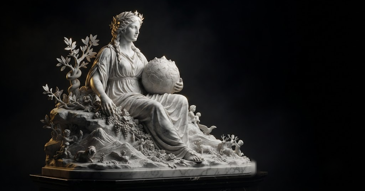 Classical marble scene, Gaia, gold rim light on void black