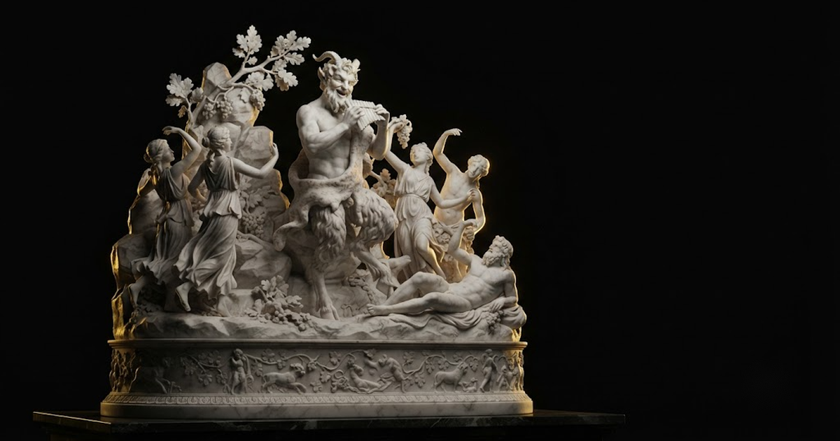 Classical marble scene, Pan, gold rim light on void black
