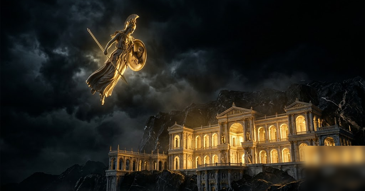 Athena goddess of wisdom descending from a dark sky toward a glowing golden library carved into black marble, cinematic Greek pantheon, void-black and satin-gold, dramatic light, frameless, no text, n