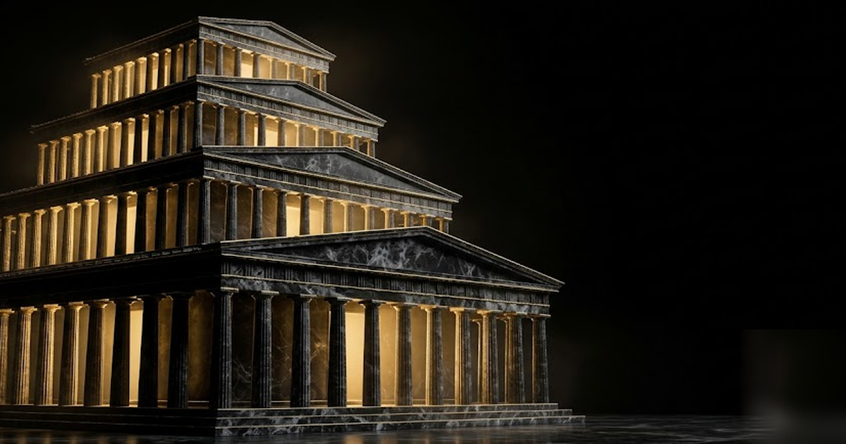 Four ascending tiers of a black marble Greek temple, each tier lit from within by satin-gold light, stacked like architectural layers against a void-black background, cinematic, frameless, no text, no