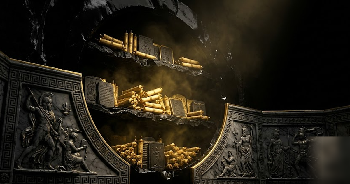 A vault of golden scrolls and tablets sealed inside an obsidian chamber with no doors or windows, faint gold glow contained within, cinematic Greek aesthetic, void-black and satin-gold, frameless, no 
