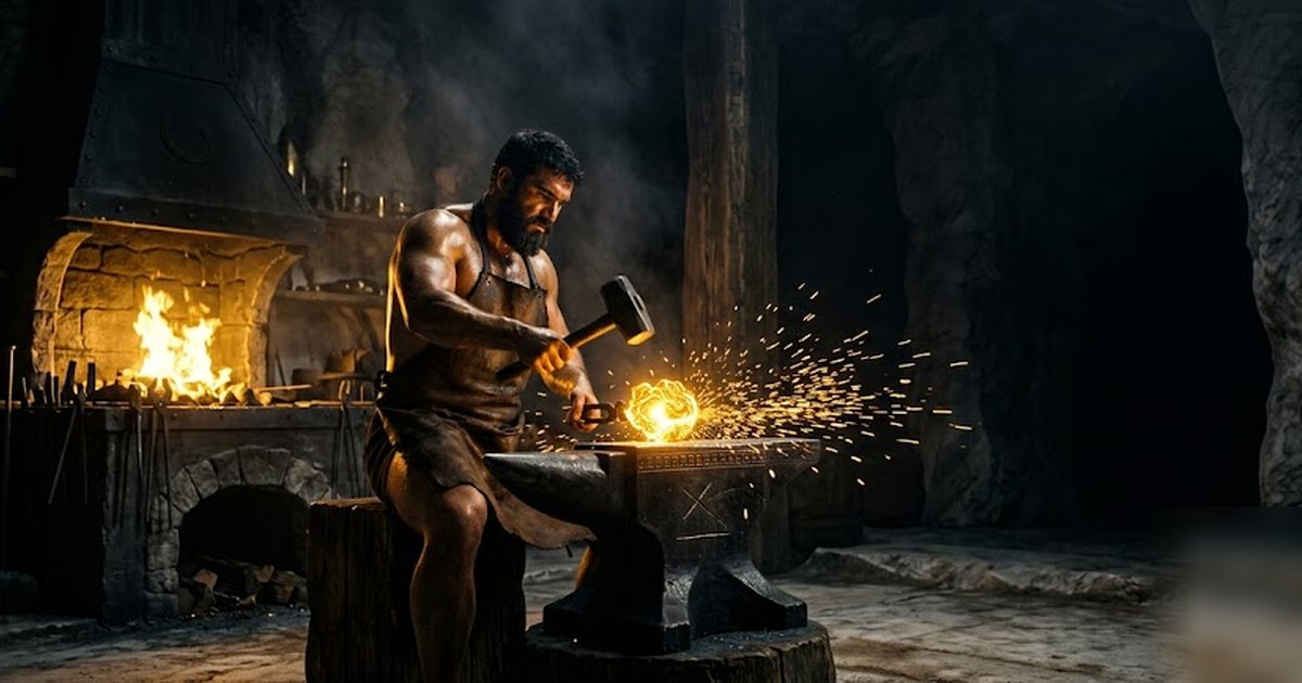 Hephaestus the smith god forging intelligence at a black anvil, sparks of gold light, set inside a sealed underground Greek workshop, void-black background, satin-gold highlights, cinematic chiaroscur