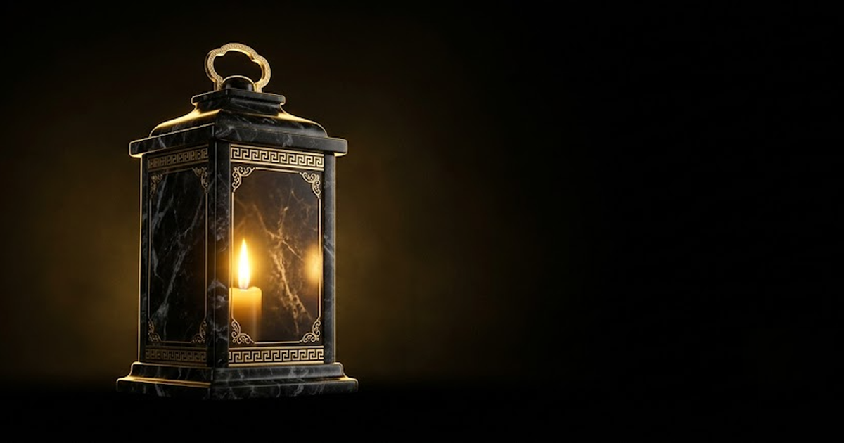 A single golden flame held within a sealed black marble lantern, no opening for the light to escape, void-black surroundings, cinematic Greek pantheon mood, satin-gold detail, frameless, no text, no p