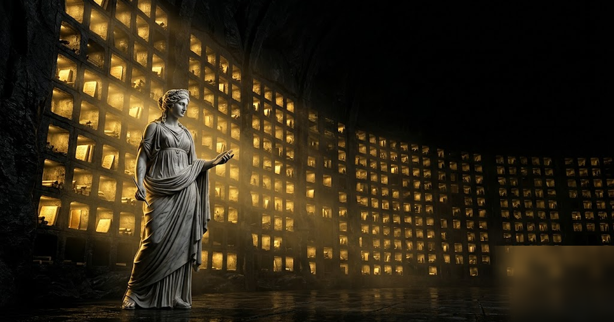 Mnemosyne goddess of memory standing before an immense wall of glowing golden archive niches carved into black stone, cinematic wide shot, void-black and satin-gold, dramatic lighting, frameless, no t