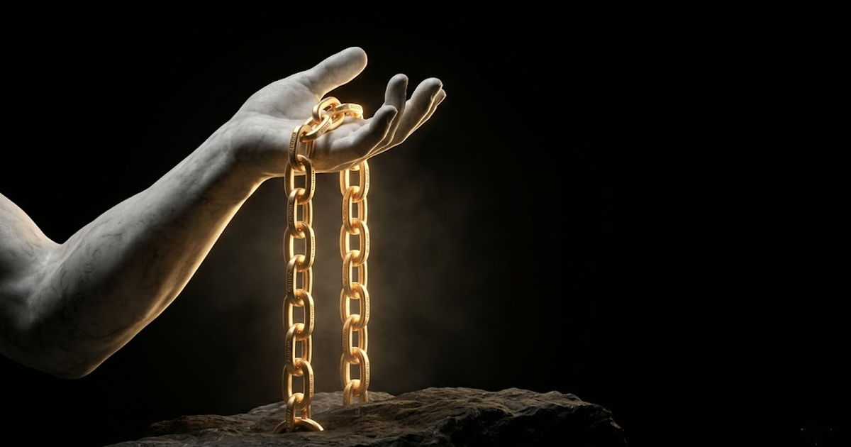 A marble hand holding a glowing gold chain of interlocking links anchored into bedrock, set against a void black background
