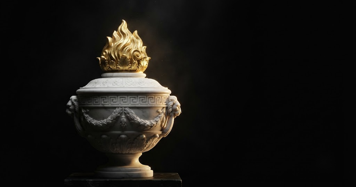 Classical marble scene, Hestia, gold rim light on void black