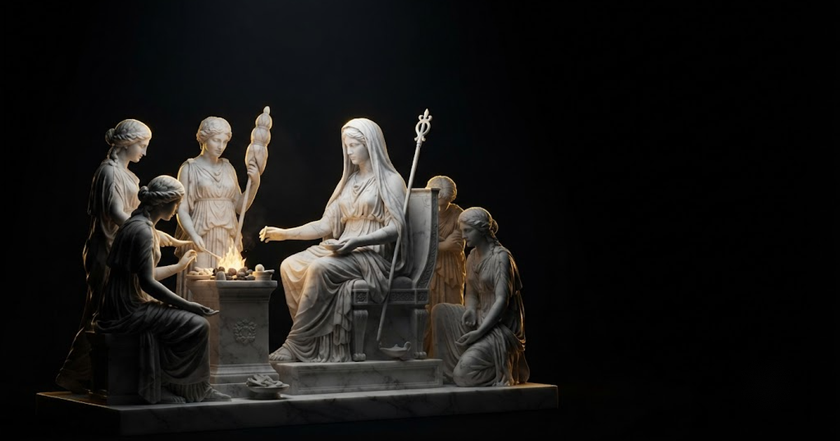 Classical marble scene, Hestia, gold rim light on void black