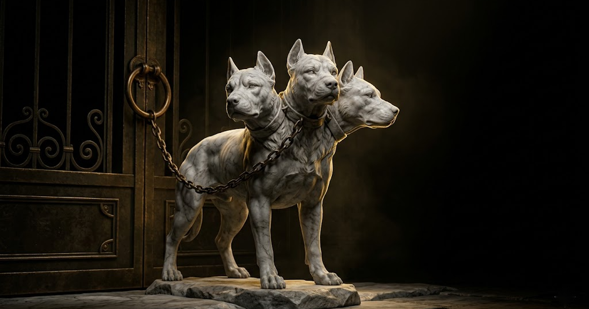 Marble Cerberus chained at a gate, symbolising containment of autonomous agents