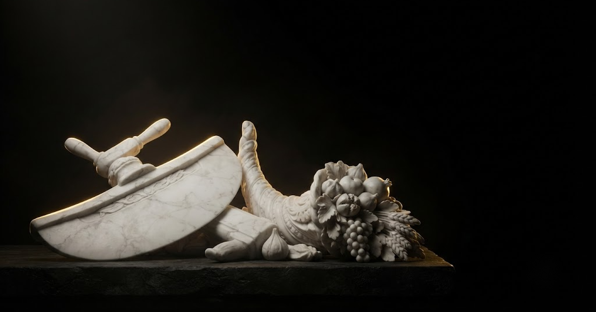 Classical marble scene, Tyche, gold rim light on void black