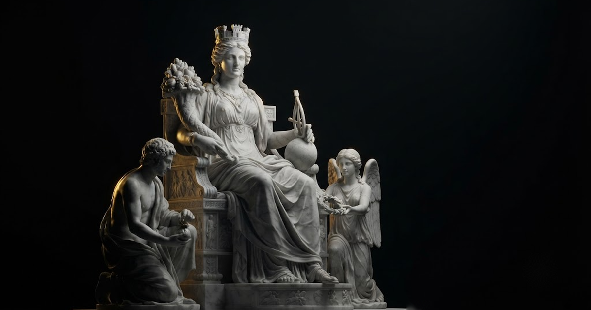 Classical marble scene, Tyche, gold rim light on void black