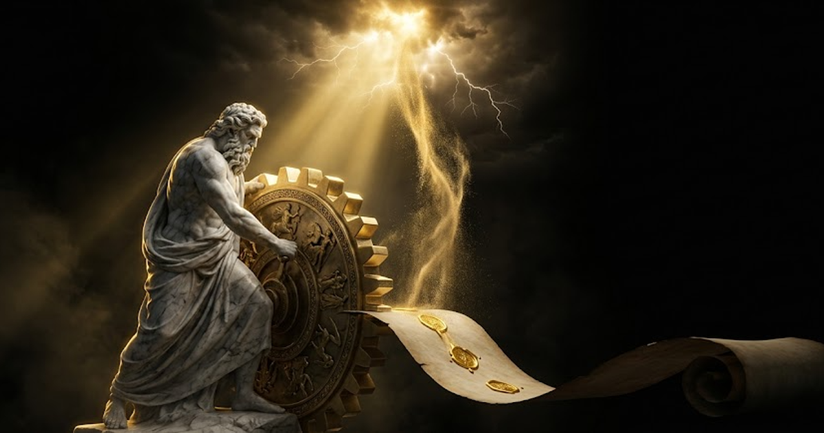 Chronos, a towering figure cast in satin gold against void black, turning a vast cogwheel whose every tooth presses a glowing seal into an endless unrolling scroll