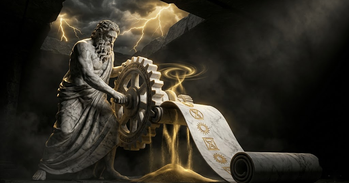 The unrolling scroll descending into a Bitcoin-orange anchor stone set in void black, the sealed gold imprints flowing down and locking into the stone
