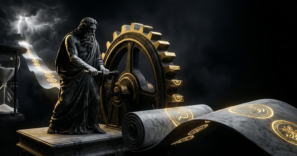 Chronos standing over the completed scroll as grains of golden sand rise upward into light, the great gear still and every imprint glowing in an unbroken line