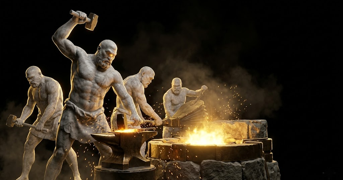 The Cyclopes, one-eyed giant smiths, working at a colossal forge lit by satin gold fire against a void-black background