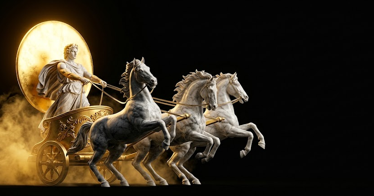 Helios driving his golden sun-chariot across a void-black sky, satin gold light against deep darkness