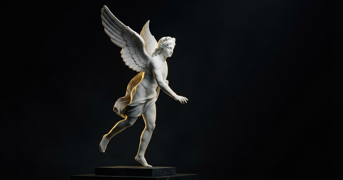 Classical marble scene, Kairos, gold rim light on void black