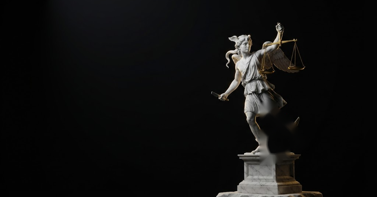 Classical marble scene, Kairos, gold rim light on void black
