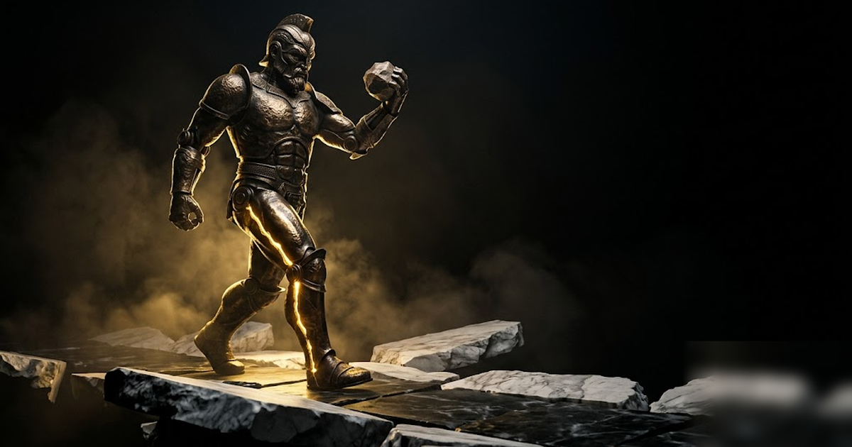 Talos the bronze automaton striding through darkness with a single glowing gold seam down its leg