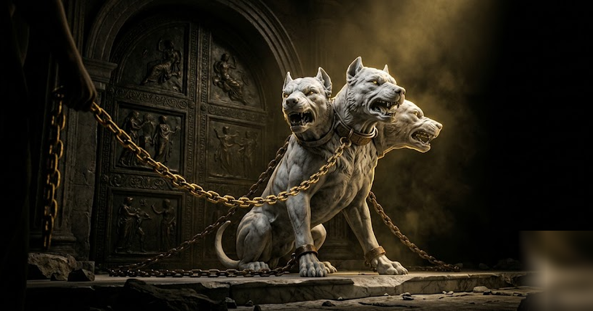 Cerberus the three-headed marble hound chained at a bronze gate, a gold chain held off-frame