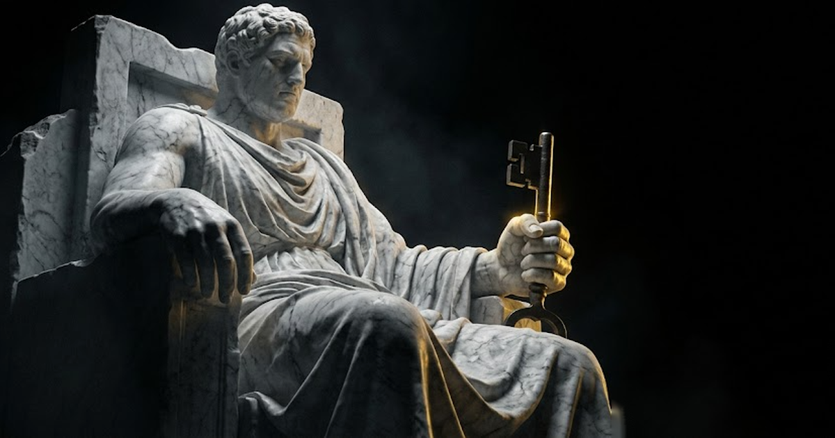 A colossal marble figure of Hades seated on a dark throne holding a heavy key in gold light against a black void