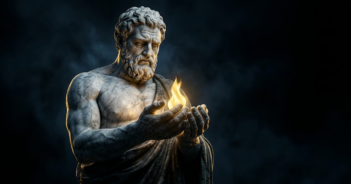 A colossal marble figure of Prometheus holding a small contained flame in cupped hands under gold light against a black void