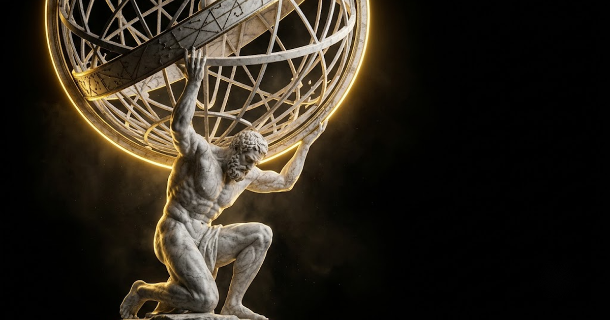 A colossal marble figure of Atlas bearing an immense sphere on his shoulders under gold light against a black void