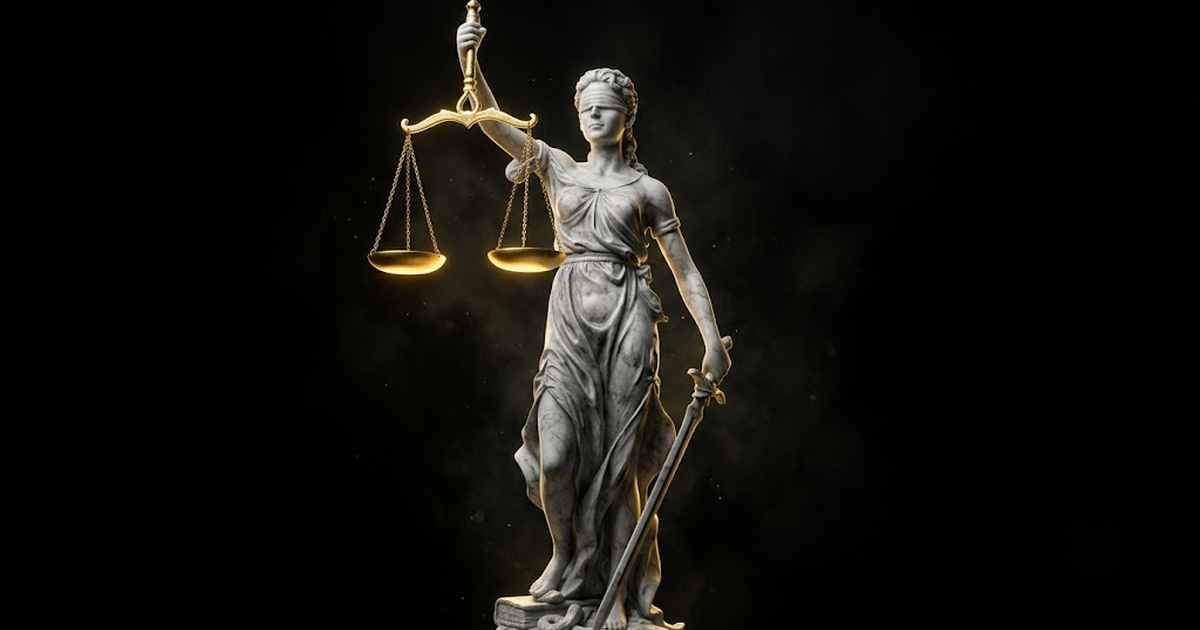 A colossal marble figure of Themis blindfolded holding balanced scales under gold light against a black void
