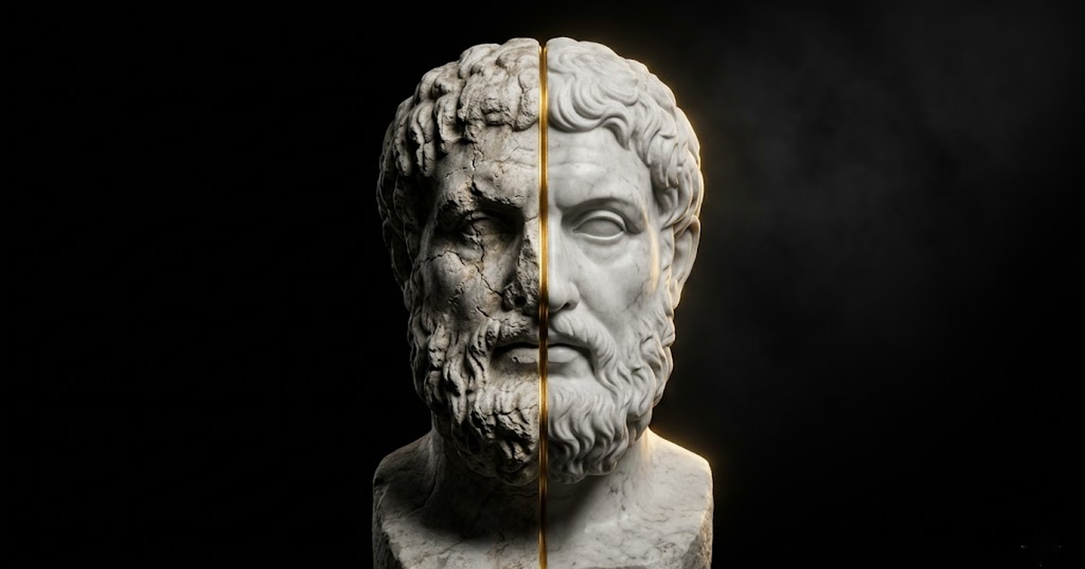 A two-faced marble bust of Janus, one side cracked and one side newly carved, joined by a seam of gold light, symbolising key rotation and succession.