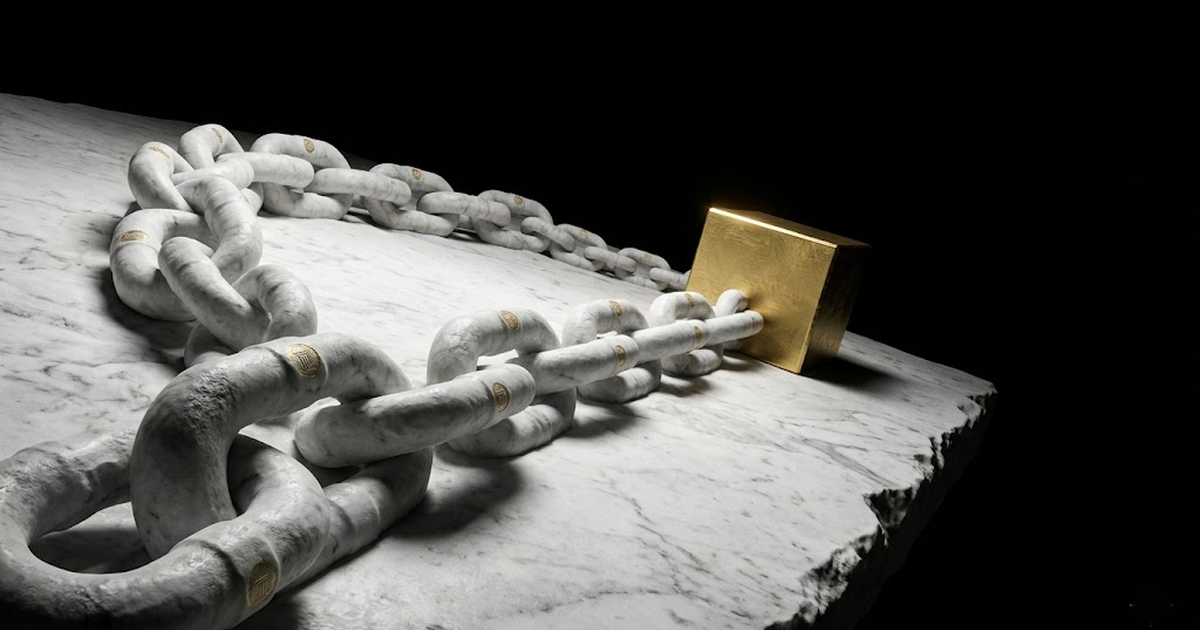 A marble chain of gold-sealed links receding into darkness, the farthest link anchored to a solid gold cube.